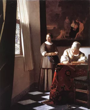 Lady Writing a Letter with Her Maid by Johannes Vermeer Oil Painting Reproduction